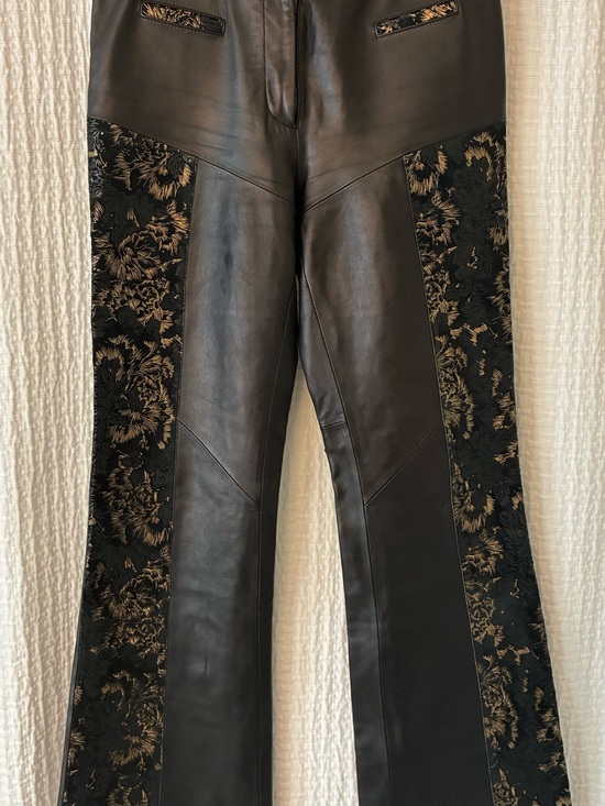 Pants - VTG Black Italian Leather Pants with Floral Brocade Side Panels